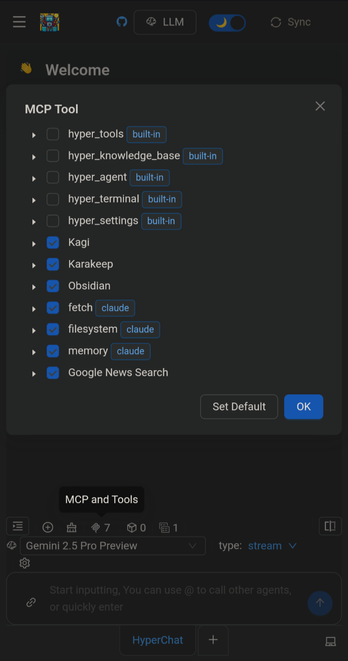 Screenshot of HyperChat LLM chat server running in my mobile browser.