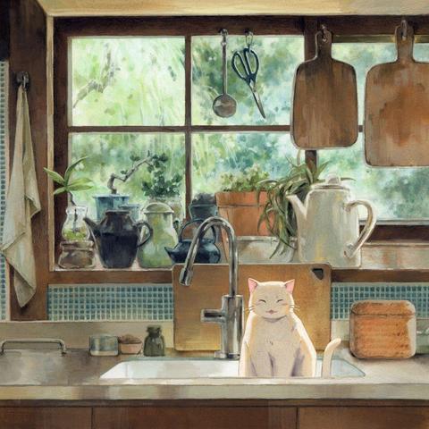A painting of a cat sitting in the kitchen sink. Plants and greenery in the background. Natural hues.