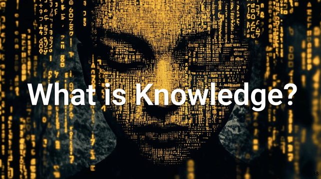 Slide from the first ISE 2025 lecture on the Art of Understanding which poses the central question of "What is knowledge?". The graphics in the background is a female face in deep contemplation over which the famous matrix screen of falling characters is projected. The graphics is generated by midjourney.