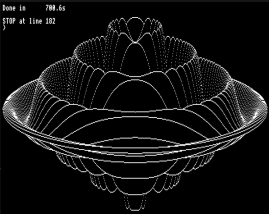 monochrome computer screen reading "Done in 700.6s" and "STOP at line 182"

Most of screen is a hidden-line removed rotationally symmetrical shape with vertical axis of symmetry, delineated by lines in planes parallel to the screen surface

program is as follows
   10REM > 3D
   11REPEAT
   12TIME=0
   20MODE0:VDU29,640;512;:XS=2:YS=6*4
   30VDU23,1,0;0;0;0;
   40ON ERROR GOTO 190
   50A=640:B=A*A:C=512
   60Z=1/3:O=24/A:C=C/A
   70O%=&45
   80FORX%=0TOA STEPXS:S=X%*X%
   90P=SQR(B-S):M=-P*Z:N=M
  100PLOT69,-X%,M:PLOT69,X%,M
  110FORI=YS-P TOP STEPYS
  120R=SQR(S+I*I)
  130Y=I*Z+(R-A)*SIN(O*R)*C
  140IFY>M M=Y:GOTO170
  150IFY>N NEXT,:STOP
  160N=Y
  170PLOT69,-X%,Y:PLOT69,X%,Y
  180NEXT,
  181PRINT "Done in "TIME/100"s"
  182STOP
  185UNTIL 0
  190ON ERROR OFF
  200CLS
  210MODE1
  220VDU23,1,0;0;0;0;
  230*EXEC BASICBM