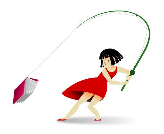 Ilustración vectorial en la que aparece una niña vestida con un vestido rojo, y que tira de una caña de pescar con la que ha capturado un libro.
//
Vector illustration that shows a girl dressed with a red dress. The girl holds a rod and has caught a book.

CC BY-NC-ND