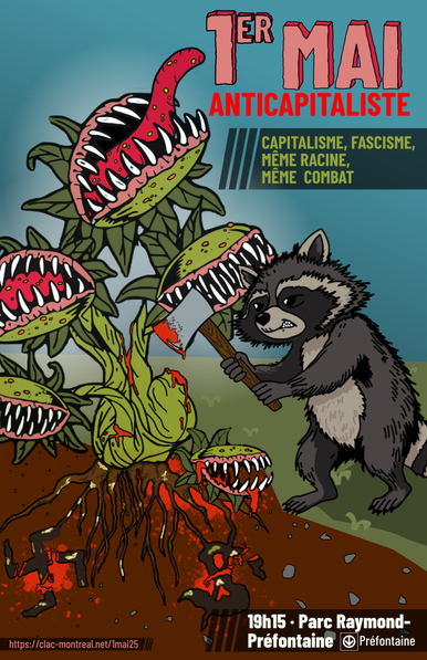 Affiche manifestation premier mai 2025 à Montréal.

Un raton laveur massacre à coup de hache une plante carnivore dont les racines sont une croix gammée et un signe de dollar.

"Capitalisme, fascisme, même racine, même combat"