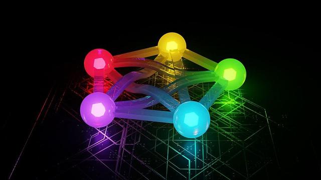 3D-Visualisierung des vorgeschlagenen Fediverse-Logos. Jeder Knoten ist eine Kugel mit einem Licht in jeder der fünf Farben.