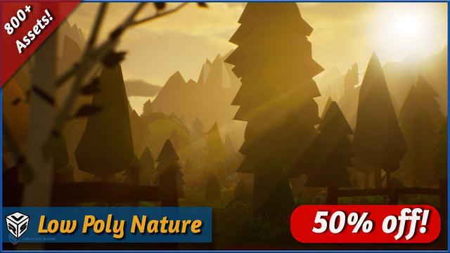 Render of some of tree models in Low Poly Nature asset pack during sunrise
