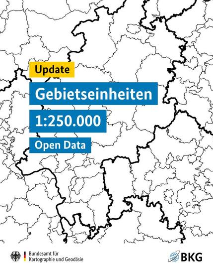 Text in Schriftblöcken: Update, Gebietseinheiten, 1 : 250.000, Open Data. Im Hintergrund eine Karte mit Gebietsgrenzen