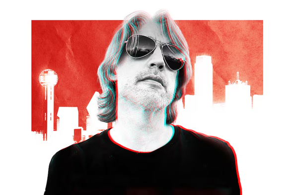 Christopher Holt donning Ray-Ban Aviator sunglasses over a background of the downtown Dallas skyline (Photo courtesy of Christopher Holt / Illustration by Jeffrey Meddaugh)