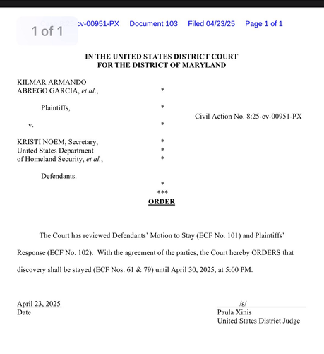 The Court has reviewed Defendants' Motion to Stay (ECF No. 101) and Plaintiffs' Response (ECF No. 102). With the agreement of the parties, the Court hereby ORDERS that discovery shall be stayed (ECF Nos. 61 & 79) until April 30, 2025, at 5:00 PM.