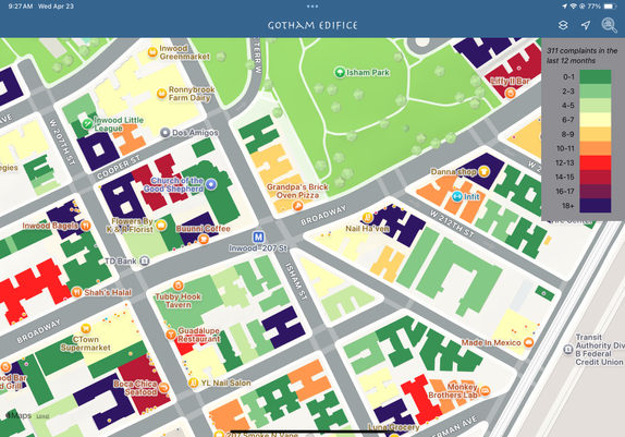 A screenshot of an iPad app showing a colorful map of an NYC neighborhood. Each building has one of 10 colors, according to how many 311 Noise complaints were submitted in the last 12 months. 0-1 is given green; 2-3 is given a lighter green, and the colors proceed to get warmer by sets of 2, until we we reach the tenth color, dark purple, which represents 18 or more.