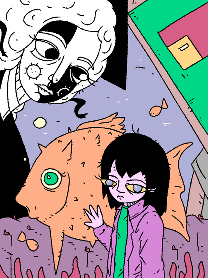 Girl with a spiked fish at the bottom of an ocean. Fossangel and the Spirit of the Machine watch them.