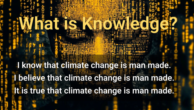 The image features a digital representation of a human face composed of yellow and orange alphanumeric characters, set against a dark background. The face is centrally positioned, with the eyes closed, and the text "What is Knowledge?" prominently displayed at the top in large, bold, yellow font. Below the face, three statements are presented in white text: "I know that climate change is man made," "I believe that climate change is man made," and "It is true that climate change is man made." The background is filled with vertical streams of yellow alphanumeric characters, resembling a digital rain effect, which adds a technological and data-driven atmosphere to the image. The overall color scheme is dark with contrasting yellow and white text, emphasizing the central theme of knowledge and its relationship to climate change.

Provided by @altbot, generated privately and locally using Ovis2-8B
