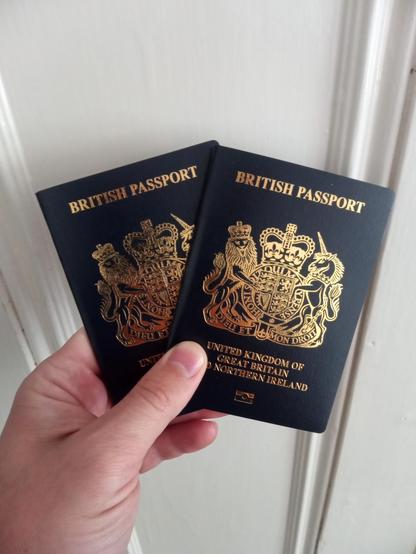 A hand holding two new British passports — officially dark blue but clearly black in appearance, much like the symbolic victory they represent in the post-Brexit saga of self-inflicted wounds.