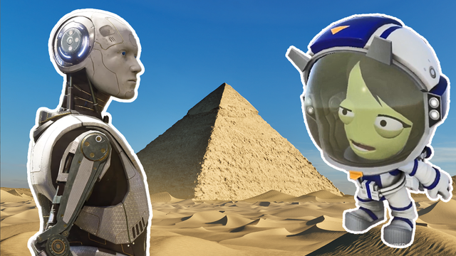 A YouTube thumbnail depicting an android from the game "The Talos Principle" on the left and a Kerbal in a spacesuit from the game "Kerbal Space Program 2" on the right. In the background, a digital representation of the great pyramid of Gizeh can be seen amongst sand dunes.