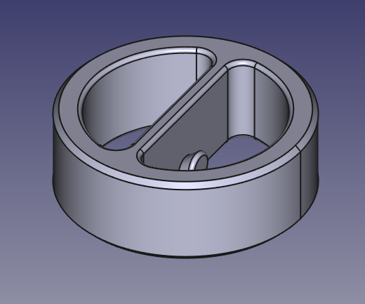 Render in FreeCAD of a 3D design.  It's a ring with a bridge across its diameter.  Just visible on one side of the bridge is an ever-so-slightly-flared peg, and the edges of all of it are chamfered and filleted to smooth it off a touch.

It's the mounting and centering piece for the LED strip in one of @MCQN_Ltd@social.mcqn.com's Lightbeam LED tubes