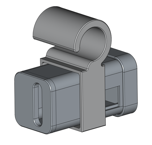 A screenshot from FreeCAD, showing a small electronic case, made to attach to a bike handlebar, allowing to carry a universal tv remote (the TV B Gone).