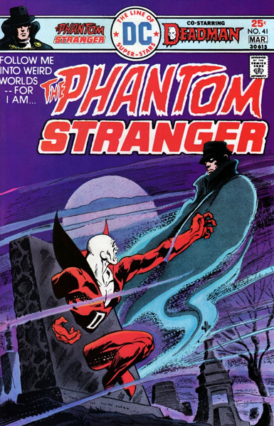 a cover of a comic book, at the top center in the middle of a blue bar is the dc comics logo the illustration is of deadman and phantom stranger in a graveyard, phantom stranger is floating away from deadman who is passing through a headstone , a big moon behind them, leafless tees, other graves around