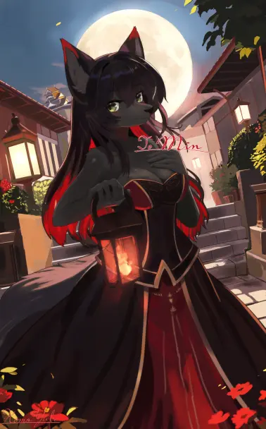 An illustration of an anthropomorphic fox with black fur wearing a black, red, and gold dress; she's holding a lantern and walking down a city street