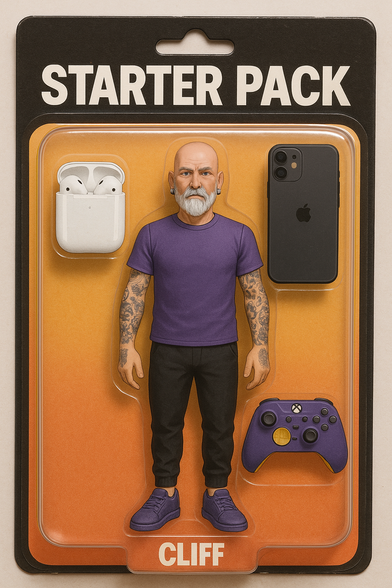 The image shows a "Starter Pack" toy figure named "Cliff" in a clear plastic blister pack with a black and orange background. The figure is dressed in a purple t-shirt, black pants, and purple sneakers. It has a bald head, a gray beard, and visible tattoos on both arms. The pack includes additional items: a pair of white wireless earbuds in a case, a black smartphone with an Apple logo, and a purple Xbox controller with a yellow center button. The name "CLIFF" is printed at the bottom of the packaging.