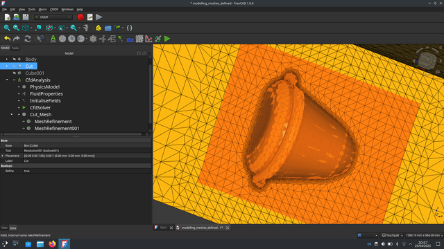 A screenshot of FreeCAD, a blobby 'ballute' shape is in a mesh where areas and bounderies nearer the object are formed of finer mesh elements.