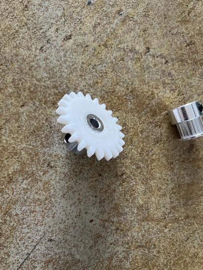 The gear on the pulley, ready to attach to a motor shaft with the set screws.