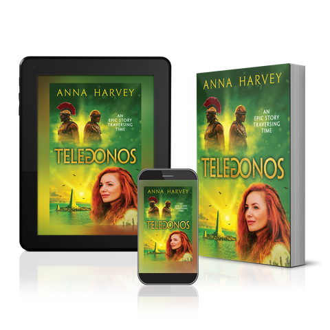 book cover with shots across 3 different mediums, kindle, mobile and paperback. Contemporary scene of bridge in Kefalonia with a profile of a woman with distinctive red hair. In the background above are two feuding males dressed in armour.