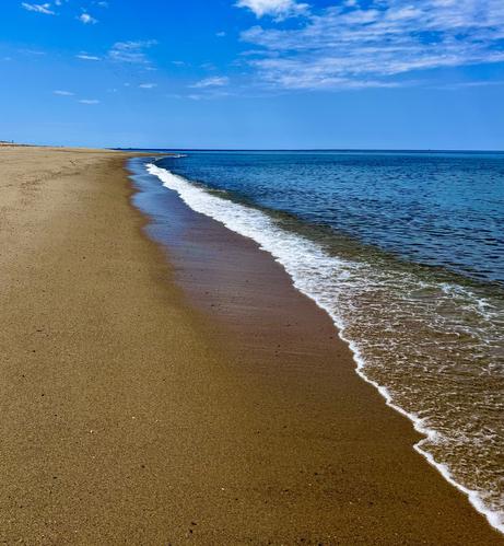 View of the ocean shoreline. A gentle surf is shown extending from the camera to the horizon. Sky is blue with wispy white clouds. Water reflecting the color of the sky. Wet sand to left of surf line.

Race Point Beach. Cape Cod, Massachusetts.