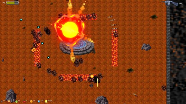 Player fighting in the lavaland map. They just defeated one of the big alien mother ship enemies.