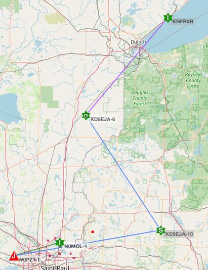 Screenshot from aprs.fi showing a position packet that I apparently sent into the server, which came from KNFRVR (Knife River) on the North Shore of Lake Superior, SW to KD9EJA-6, SE to KD9EJA-10, W to W0PZT-1, and back ENE to N0MQL-1.