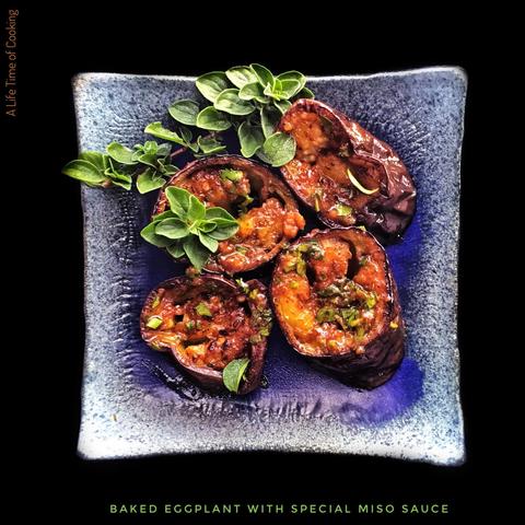 Eggplants, sliced, and roasted, and tossed with a dressing featuring Special Miso Sauce.