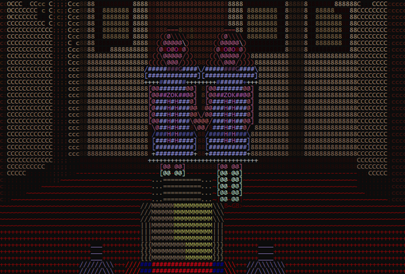 En el fondo de un pasillo de hotel aparecen una siniestras hermanas gemelas. La imagen está creada con carácteres ASCII coloreados.
