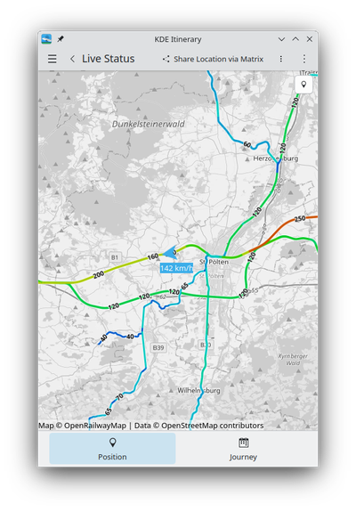 Itinerary shows a map with data culled from OpenRailway.