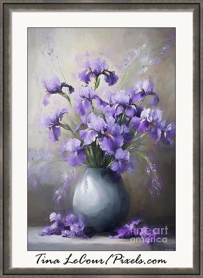 This is a still life some pretty purple iris flowers in a gray vase with soft gray textured background.
