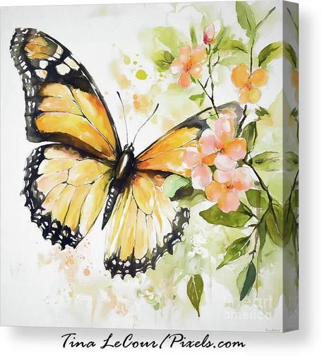 This is a part 2 of canvas of a pretty orange monarch butterfly perched on some tiny pink blossom flowers against a soft white textured background.