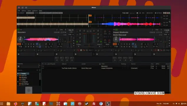 Screenshot of Mixxx 2.5's main interface while mixing two audio tracks.
