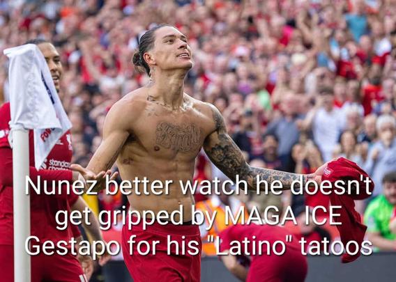 #Nunez better watch he doesn't get gripped by #MAGA #ICE #gestapo for his "#Latino" tatoos

#LFC #LeagueWinners #FUCKtrump #FUCKfascism