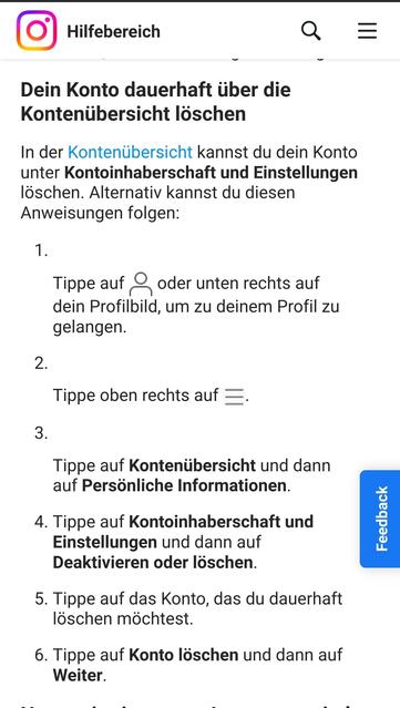 Screenshot der Instagram-Hilfe. Anleitung zum Löschen des Kontos