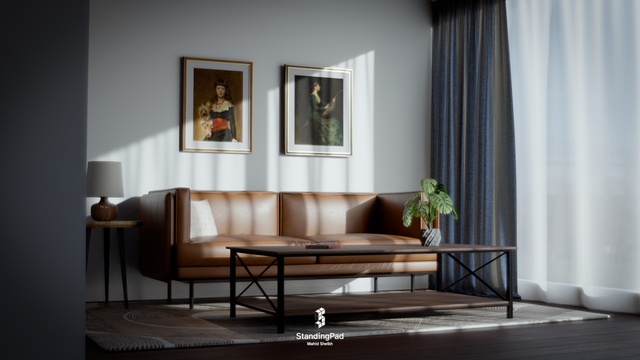 Living room with a leather couch, coffee table, some paintings, and a potted plant. The lighting seems to indicate it's morning
