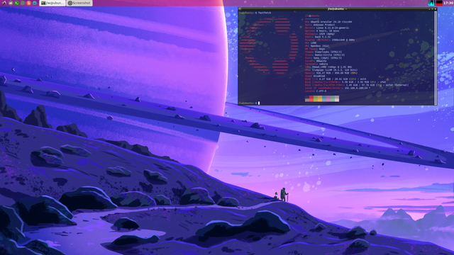Screenshot of current set up on Mango Pi Pro RISCV SBC.  Running LXDE desktop with a terminal window showing Fastfetch info.
