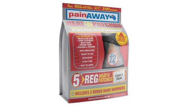 Image shows a bag of air-activated 12hour heat patches "Pain Away Heat Patches"