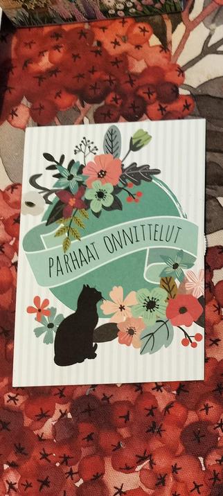 Many happy returns text in Finnish on a birthday card and pictures of a cat, flowers and a heart