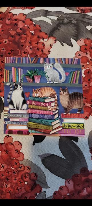 A card with a picture of cats and books