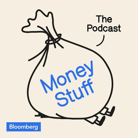 Logo for the Money Stuff podcast (two feet beneath a giant money bag, as though a person has been comically flattened)