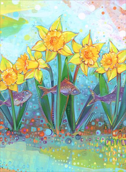 painting of fish swimming among the daffodil