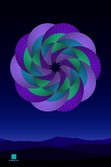 An abstract, peony-like object comprising a pair of entwined ribbons in cool shades of mint green, aqua, purple, and lilac looms over virtual twilit mountains.