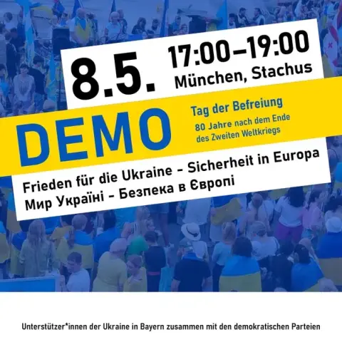 Das Bild zeigt eine Demonstration in München am Stachus am 8. Mai von 17:00 bis 19:00 Uhr. Der Hintergrund zeigt eine Menschenmenge, die sich bei einer Demonstration versammelt hat. Viele Teilnehmer tragen die Farben der ukrainischen Flagge, Blau und Gelb, und halten ukrainische Flaggen. Der Text auf dem Bild lautet: "8.5. 17:00-19:00 München, Stachus DEMO Tag der Befreiung 80 Jahre nach dem Ende des Zweiten Weltkriegs Frieden für die Ukraine - Sicherheit in Europa Мир України - Безпека в Європі". Am unteren Rand des Bildes steht: "Unterstützer*innen der Ukraine in Bayern zusammen mit den demokratischen Parteien".

Bereitgestellt von @altbot, privat und lokal generiert mit Ovis2-8B

🌱 Energieverbrauch: 0.217 Wh
