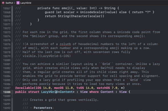 SwiftUI documentation for LazyVGrid. The alternative text description for the “LazyVGrid-1-iOS” image in the documentation has a typo that should use the word “column” but uses “colunb”.
