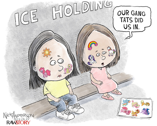 cartoon showing two year olds being held for deportation by ICE because of the temp tatoos on their faces