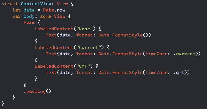 SwiftUI code showing three Text elements showing the same date with no time zone, the current time zone, and GMT.