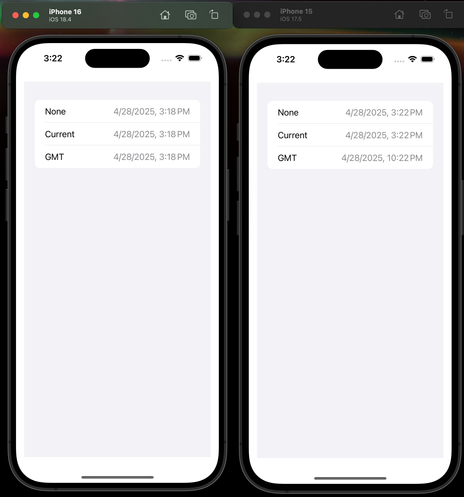 Side by side iOS simulators. iOS 18 shows all three dates the same, iOS 17 shows a different time for the GMT time zone.
