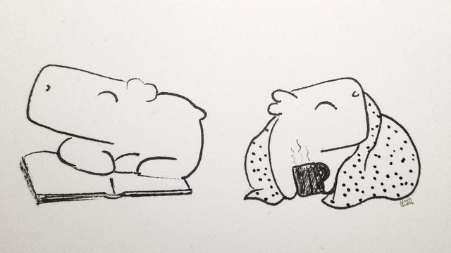 Ink drawings of 2 capybaras taking care of their mental health:  one is reading a book so large she has to sit on it & the other is wrapped in a cuddly blanket with a big mug of tea.