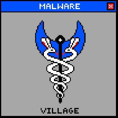 A caduceus featuring two pixelated malmon characters that look like rabbits instead of snakes, sandwiched between the words MALWARE VILLAGE